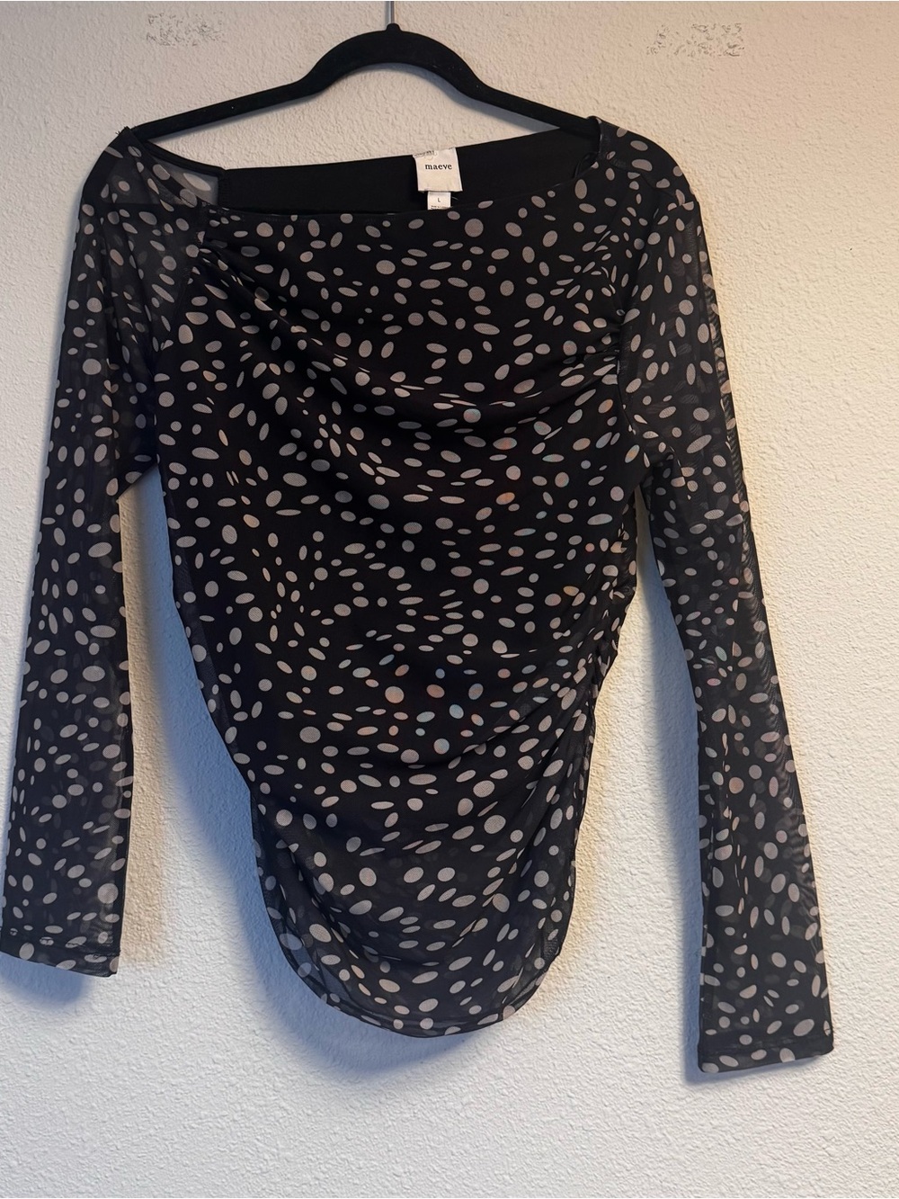 Maeve Black Sheer Long-Sleeve Dotted Blouse